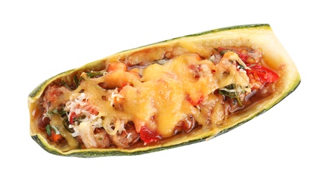 Photo of Delicious baked stuffed zucchini on white background, top view