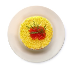 Photo of Traditional russian salad Mimosa on white background, top view