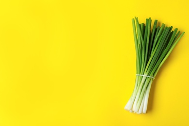 Photo of Bunch of fresh green onion on yellow background. Space for text