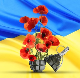 Image of Beautiful blooming poppy flowers and hand grenade against Ukrainian national flag. Peace instead of war