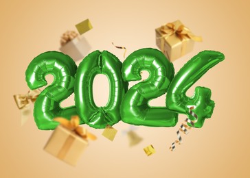 Image of New 2024 Year. Green number shaped balloons, gift boxes and confetti on beige background