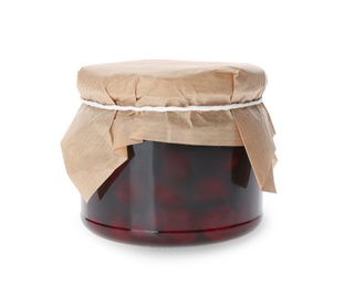 Photo of Jar of pickled cherries isolated on white