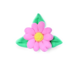 Photo of Pink flower with leaves made from play dough on white background, top view