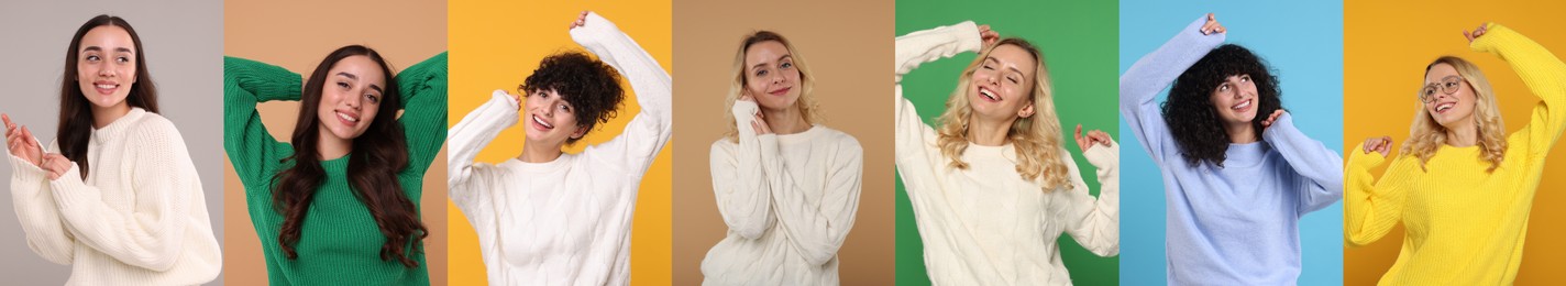 Image of Women in warm sweaters on color backgrounds, set of photos