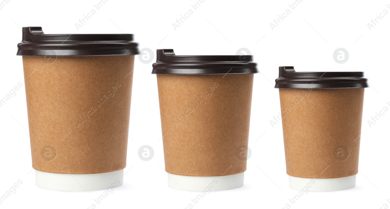 Image of Paper coffee cups of different sizes on white background, collage