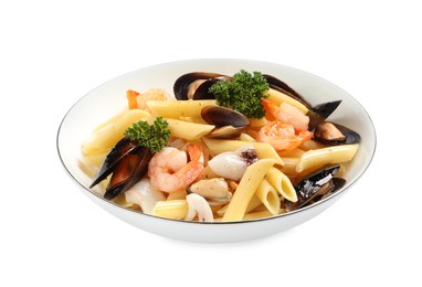 Photo of Delicious pasta with sea food isolated on white