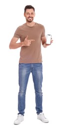 Photo of Happy man with phone on white background