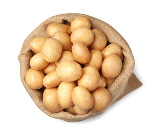 Photo of Raw fresh organic potatoes on white background, top view
