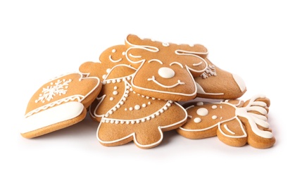 Photo of Pile of Christmas cookies on white background