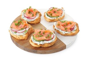 Photo of Tasty canapes with salmon, cucumber, radish and cream cheese isolated on white