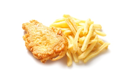 Photo of British Traditional Fish and potato chips on white background