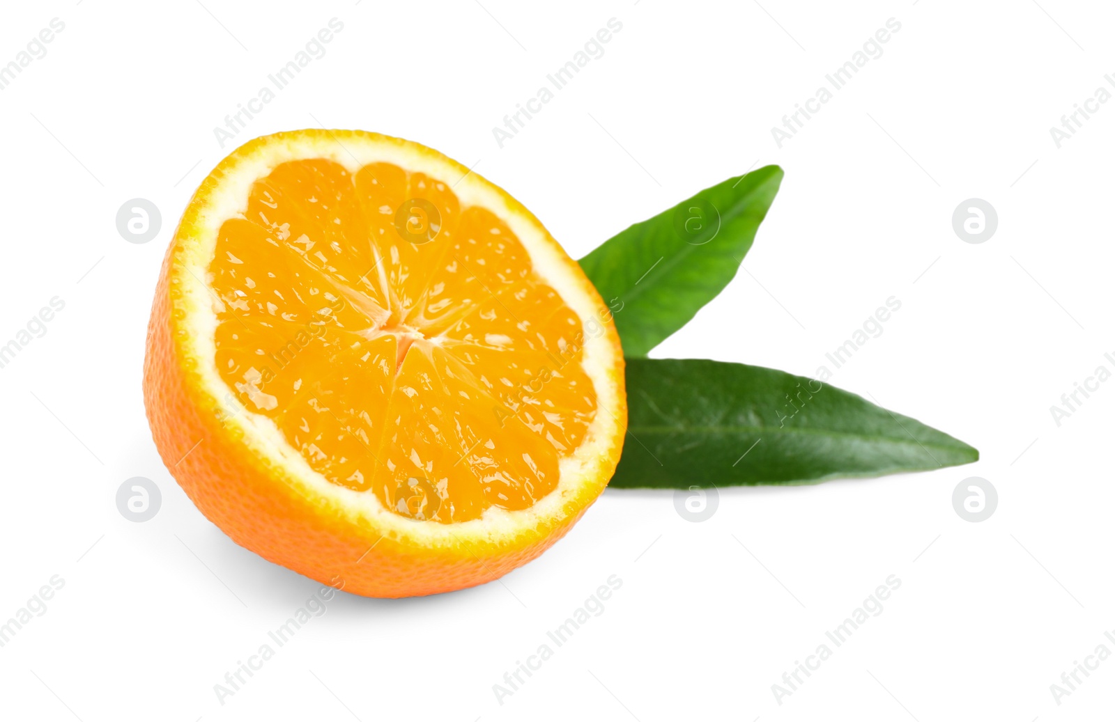 Half of fresh ripe tangerine with leaves isolated on white. Citrus fruit Photo of Half of fresh ripe tangerine with leaves isolated on white. Citrus fruit