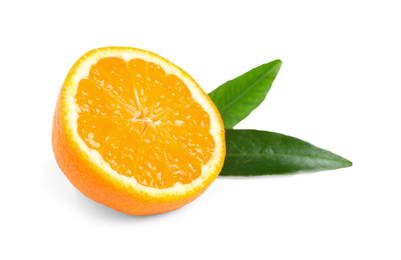 Photo of Half of fresh ripe tangerine with leaves isolated on white. Citrus fruit