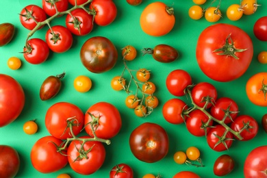 Photo of Flat lay composition with fresh ripe tomatoes on green background