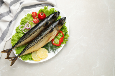 Photo of Tasty smoked fish on light grey marble table, top view. Space for text