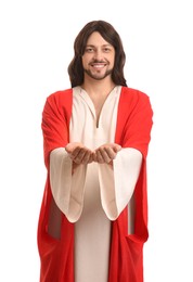 Photo of Jesus Christ reaching out his hands on white background
