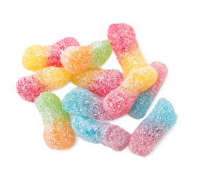 Photo of Delicious colorful candies on white background, top view. Halloween sweets