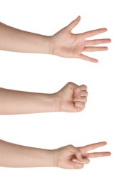 People playing rock, paper and scissors on white background, closeup