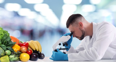 Image of Quality control specialist inspecting food in laboratory. Banner design 