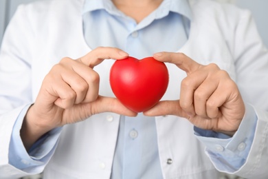Photo of Doctor holding red heart, closeup. Cardiology concept