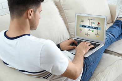 Image of Work-life balance concept. Man with modern laptop on sofa at home