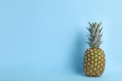 Photo of Whole ripe pineapple on light blue background, space for text