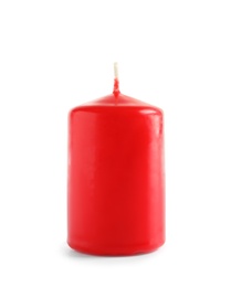 Photo of Red pillar wax candle on white background