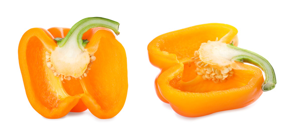 Ripe orange bell pepper on white background