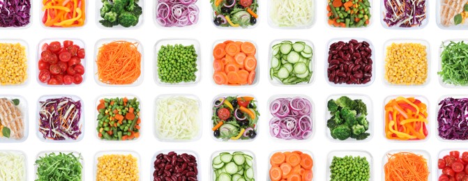 Image of Many containers with different fresh food on white background, top view. Collage