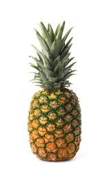 Photo of Tasty whole pineapple with leaves on white background