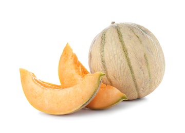 Photo of Whole and sliced tasty ripe melons on white background