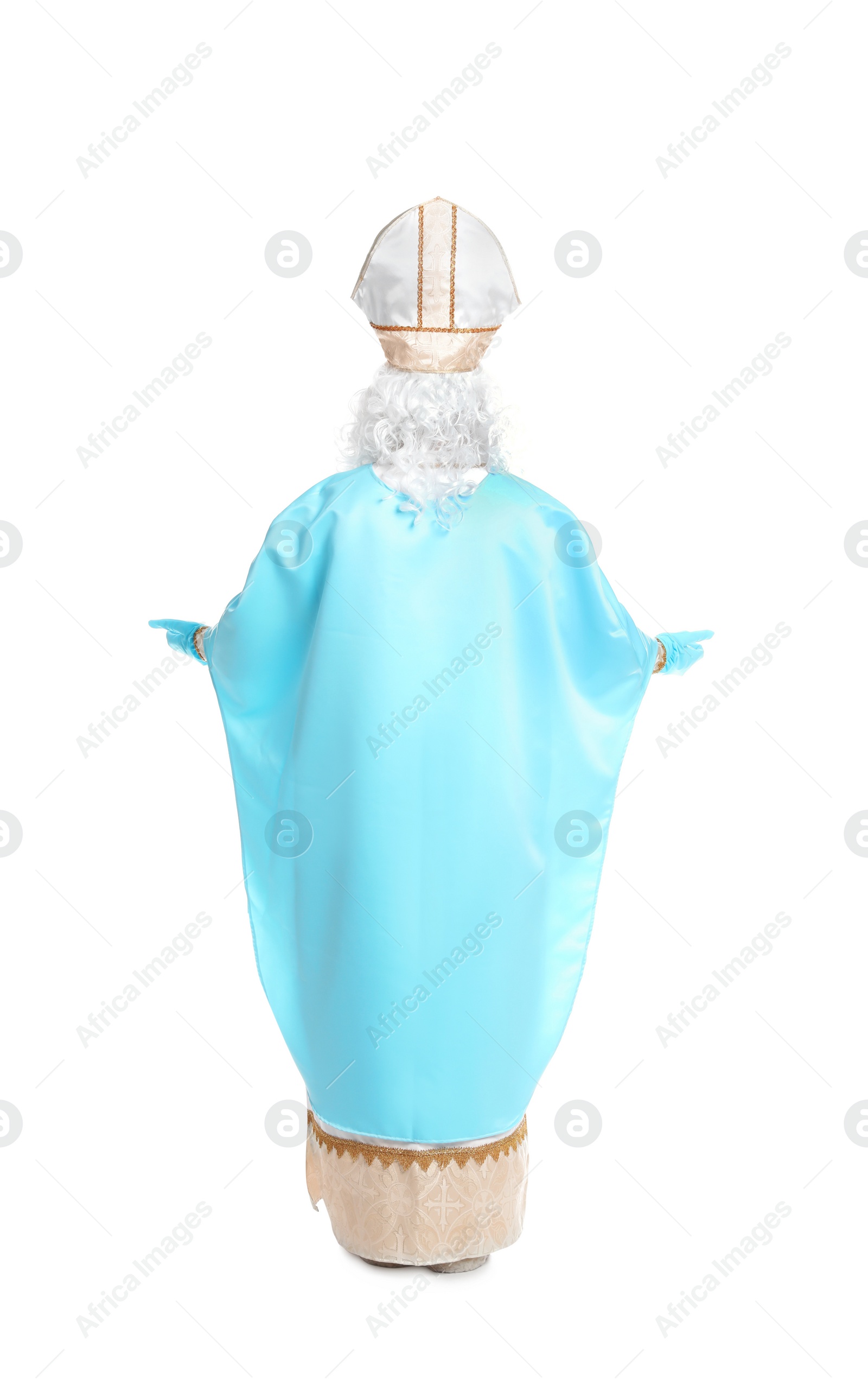 Photo of Saint Nicholas on white background, back view