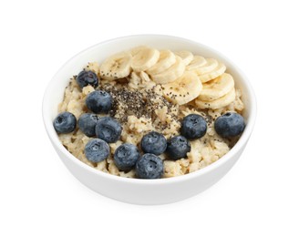 Photo of Tasty oatmeal with banana, blueberries and chia seeds in bowl isolated on white
