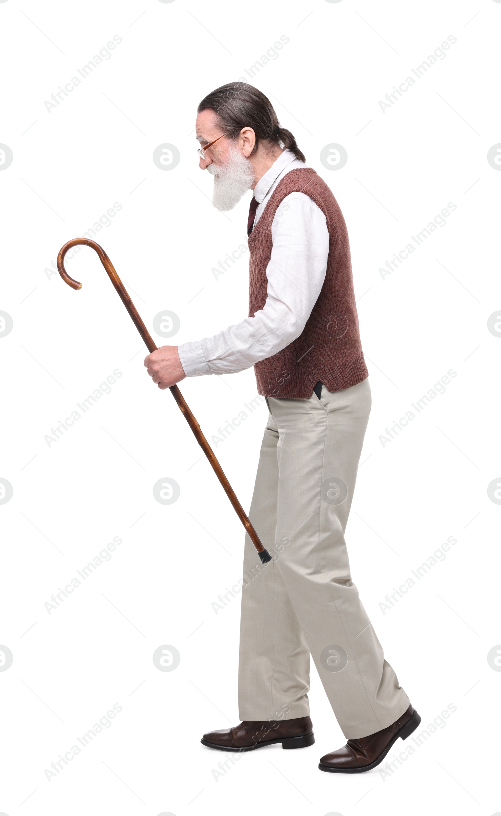 Photo of Senior man with walking cane on white background