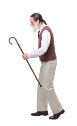 Senior man with walking cane on white background