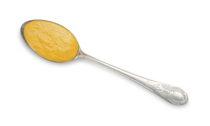 Photo of Tasty mustard sauce in spoon isolated on white, top view