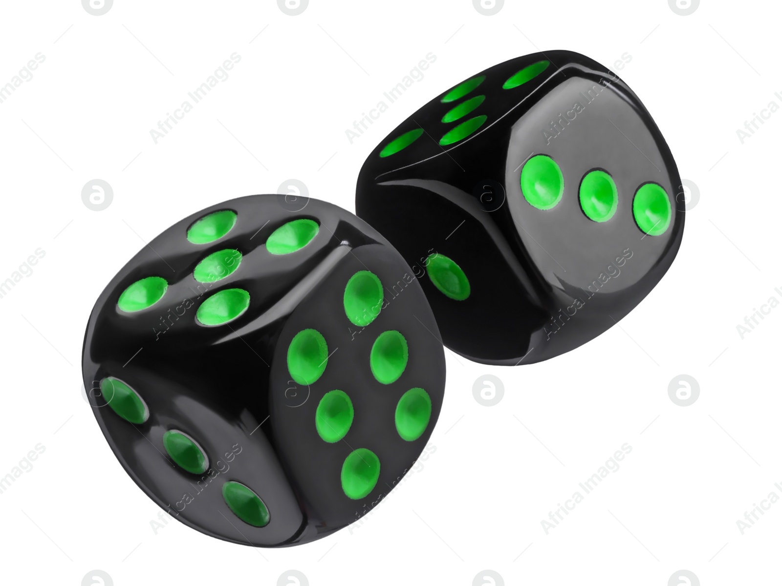 Image of Two black dice in air on white background