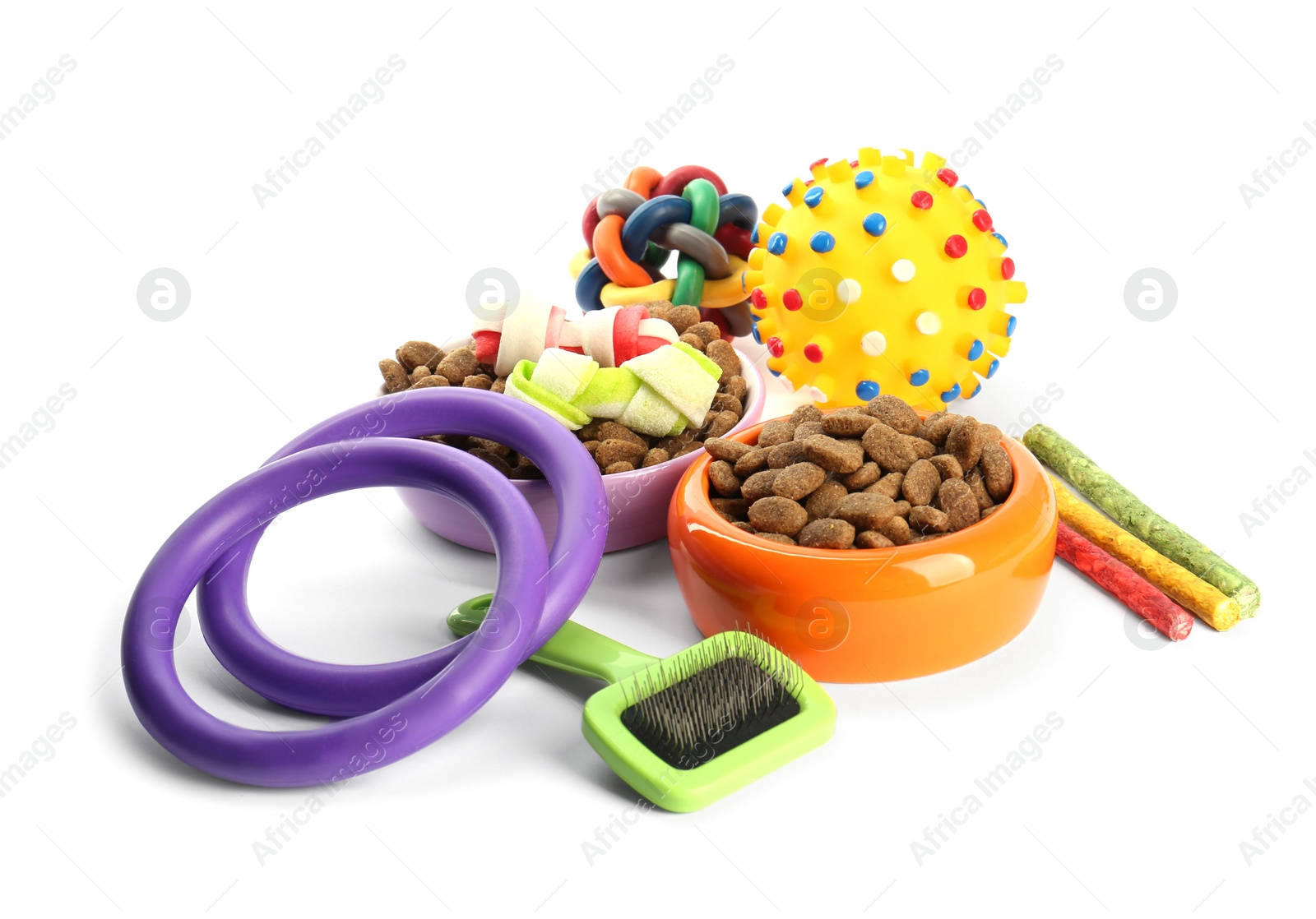 Photo of Different pet food and accessories isolated on white. Shop assortment