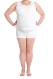 Photo of Overweight woman on white background, closeup. Weight loss