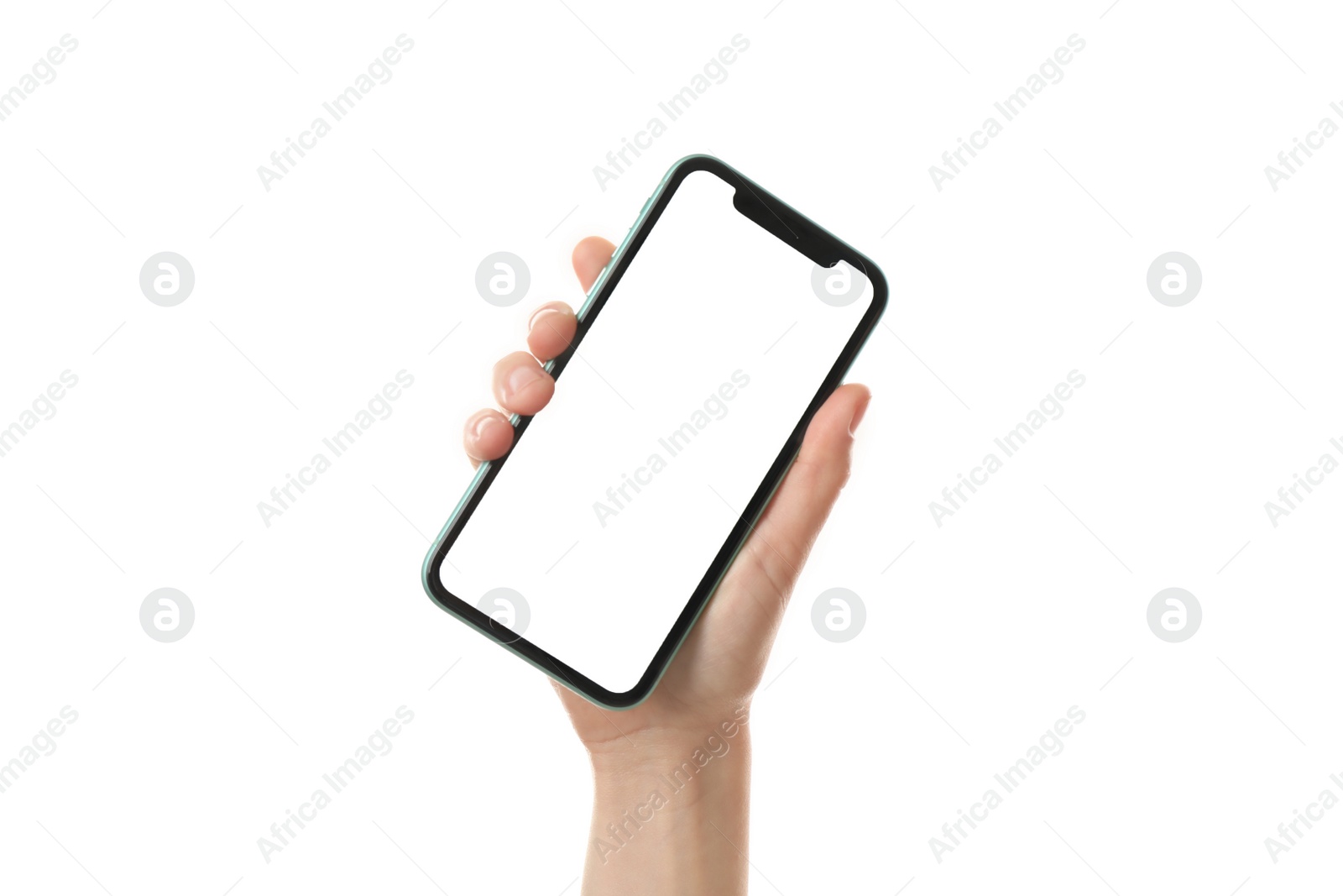 Photo of MYKOLAIV, UKRAINE - JULY 07, 2020: Woman holding iPhone 11 on white background, closeup. Mockup for design