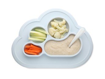 Photo of Healthy baby food in plate on white background, top view