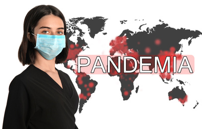 Image of Woman with medical mask and world map showing spreading of coronavirus on white background