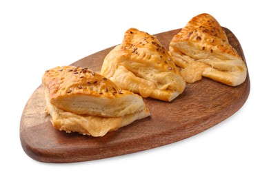 Photo of Fresh delicious puff pastry with cheese on white background