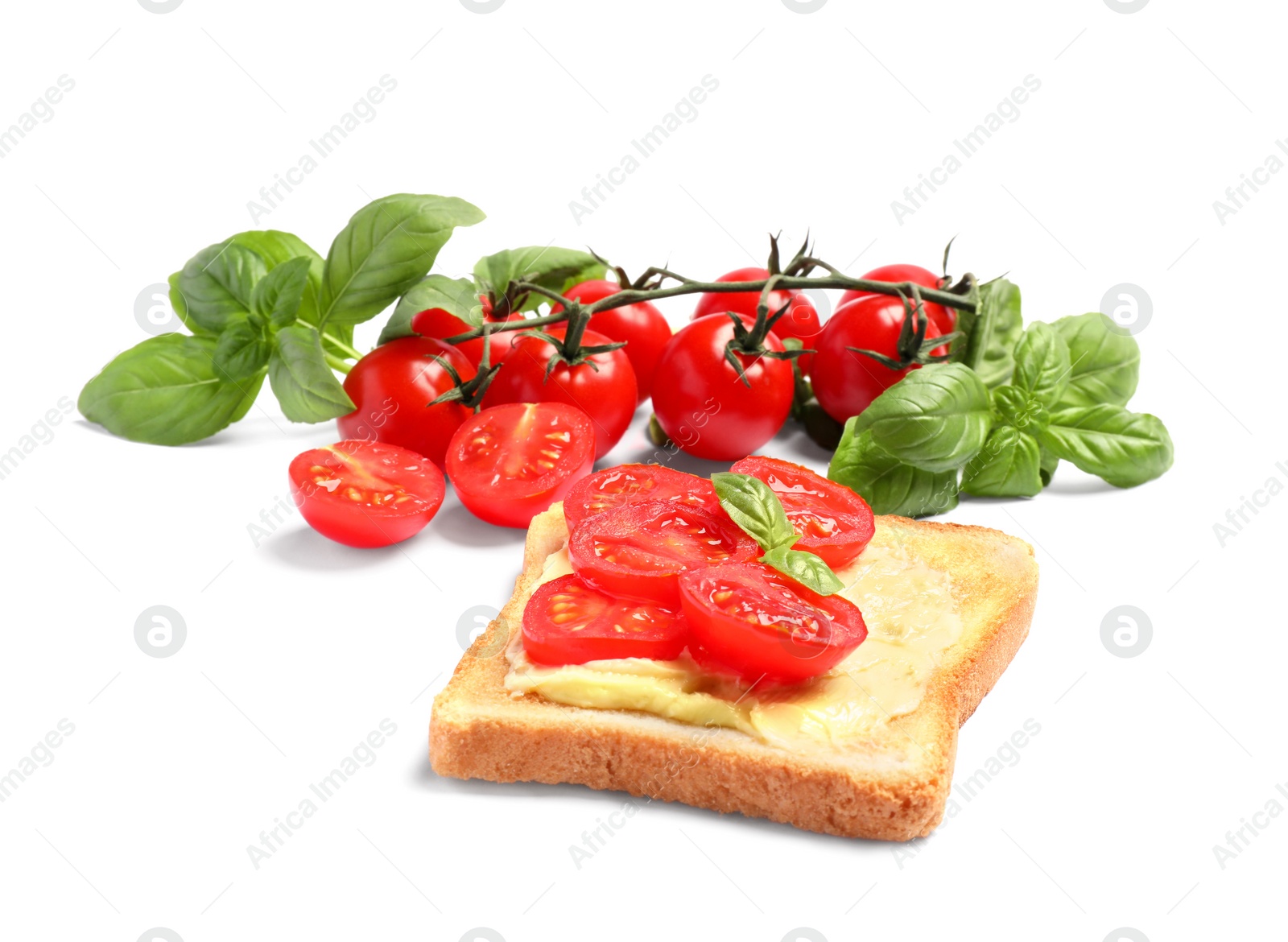 Photo of Delicious toast with butter, tomatoes and basil isolated on white