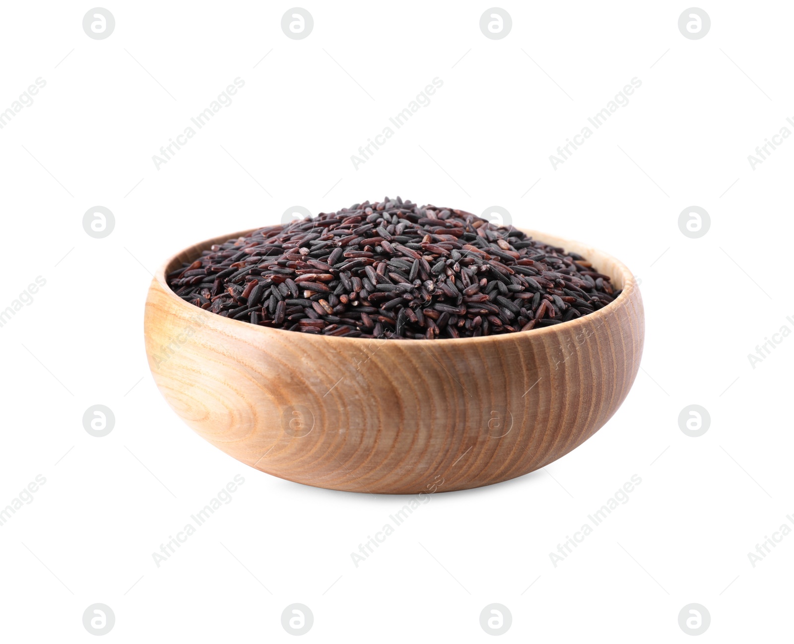 Photo of Brown rice in wooden bowl isolated on white