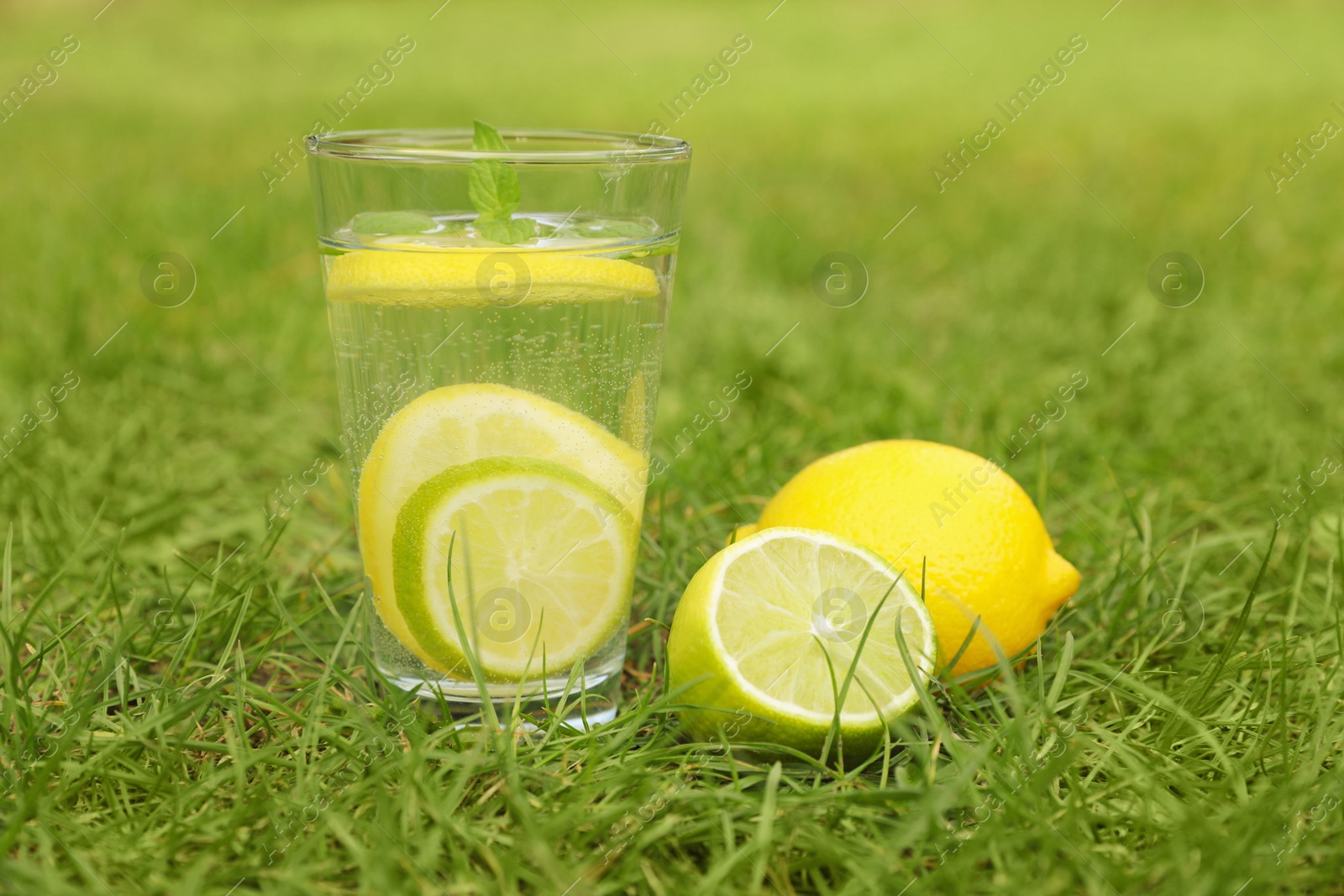 Photo of Glass of water with lemons on green grass outdoors