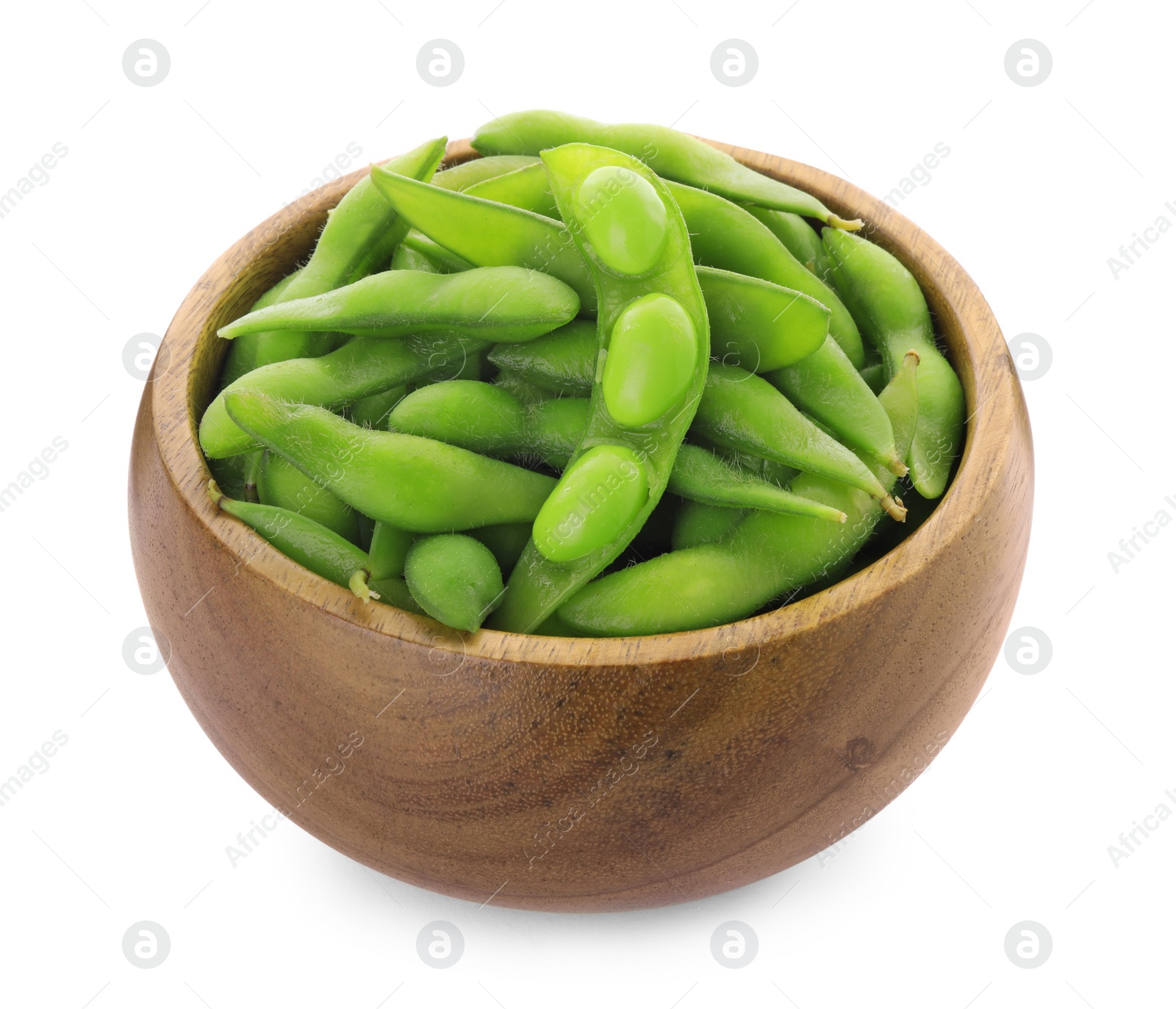 Photo of Bowl with green edamame pods on white background