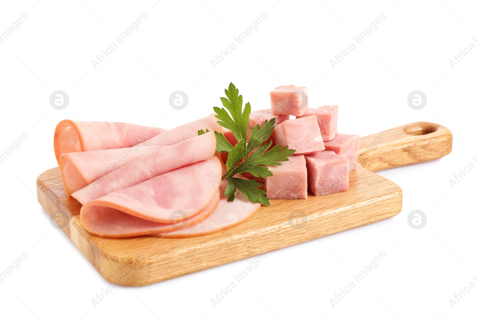 Photo of Slices of tasty fresh ham with parsley isolated on white