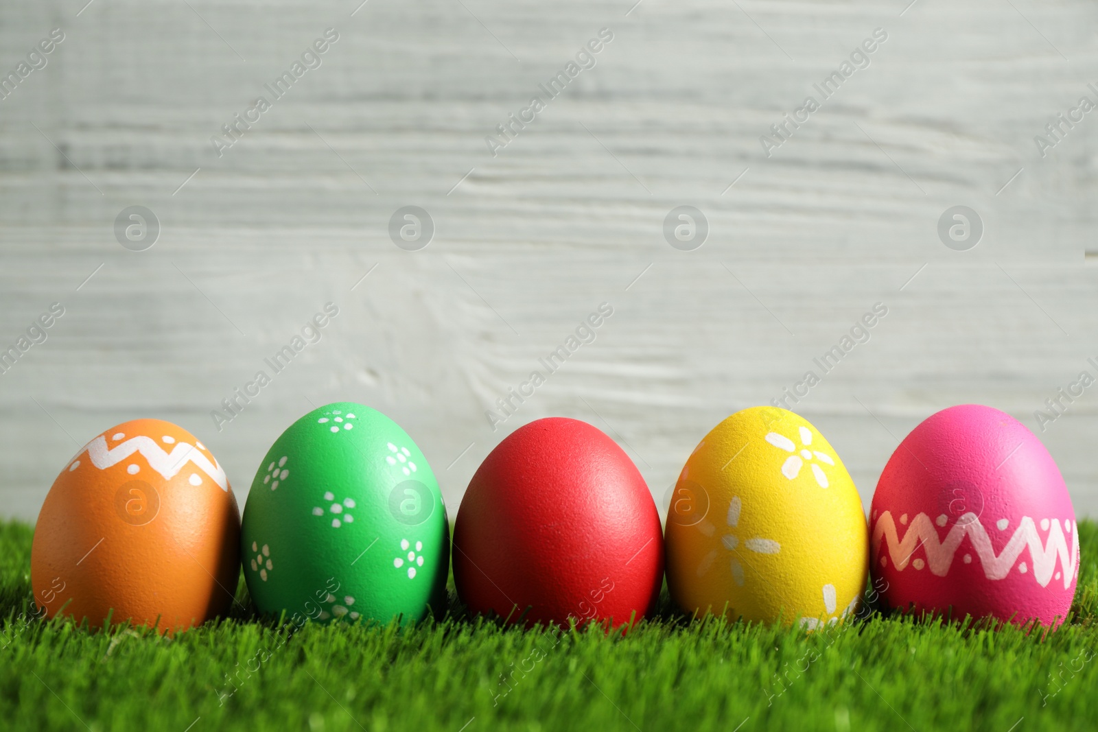 Photo of Colorful Easter eggs on green grass against white background. Space for text