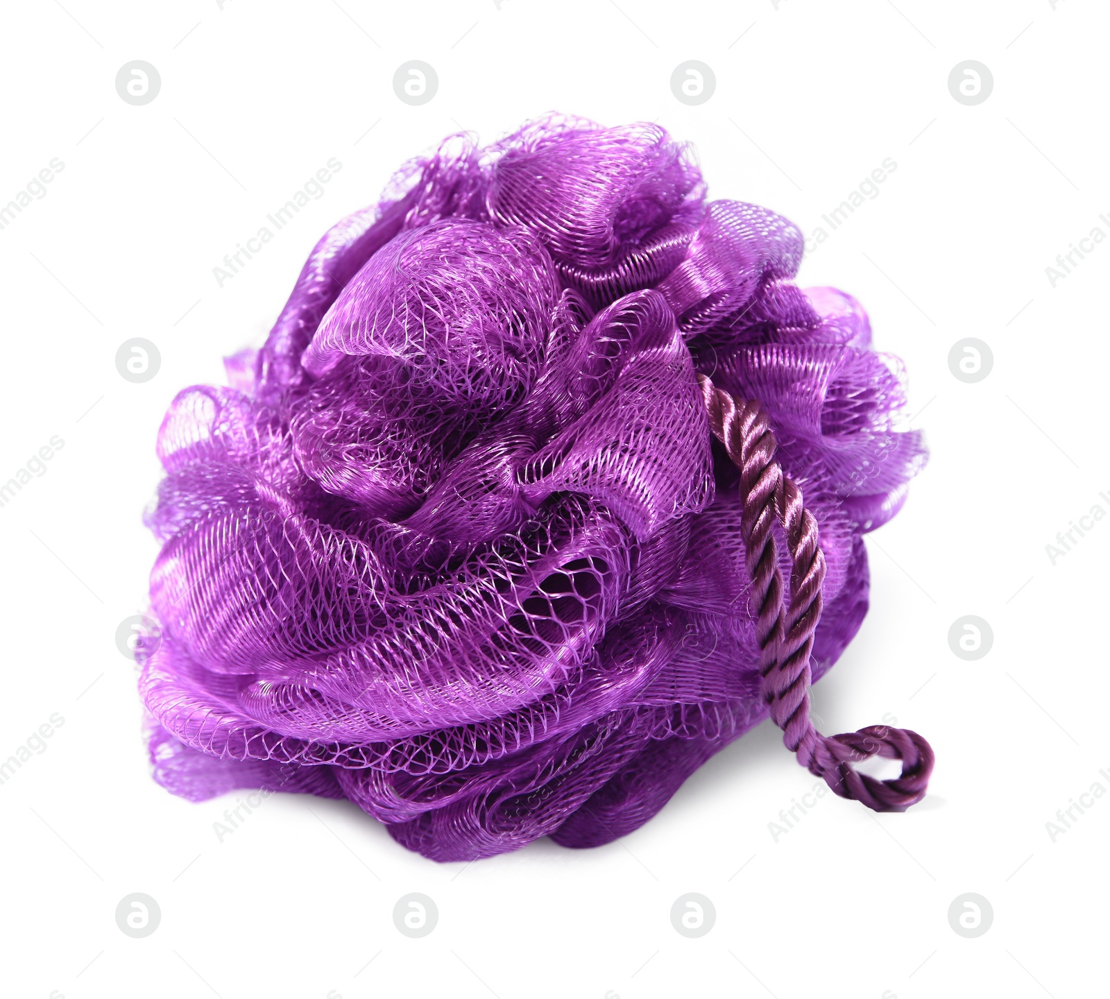 Photo of New purple shower puff isolated on white. Personal hygiene